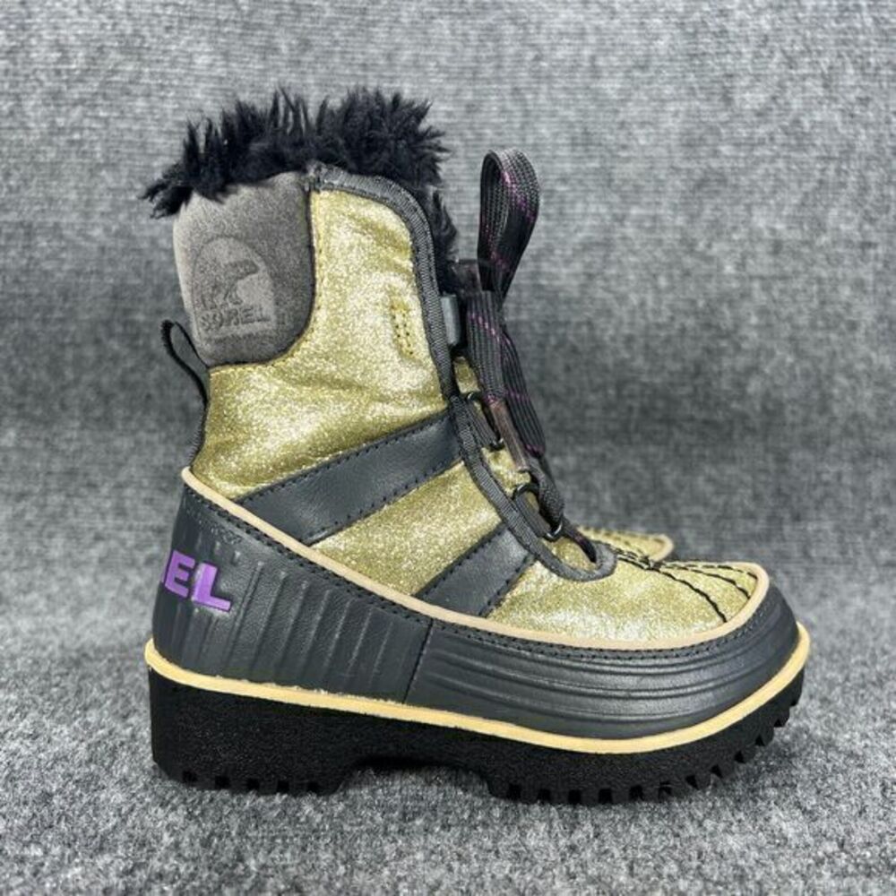 Sorel Tivoli II Girls Snow Winter Boots Size 10 Gold Glitter Waterproof Faux Fur